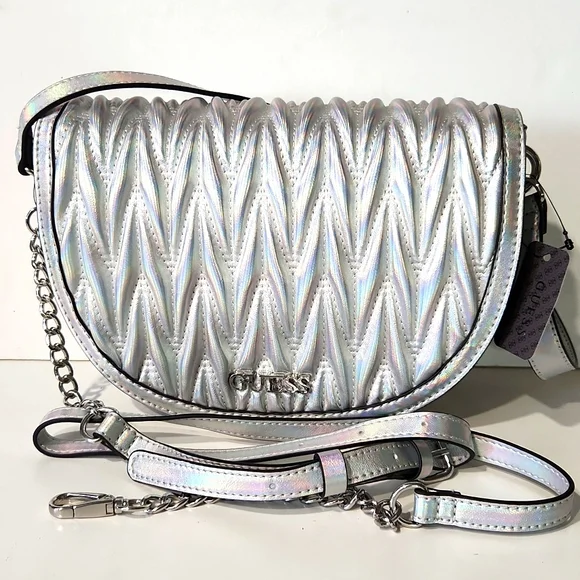NEW! GUESS Metallic Silver Mini Shoulder Bag with Crossbody Strap - Picture 16 of 16